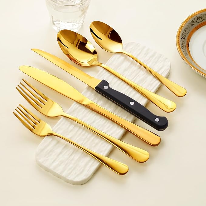 48-Pack Gold Silverware Set with Steak Knives, Stainless Steel Tableware Cutlery Spoons Forks Kit, For Buffet Kitchen Restaurant Hotel, Kitchen Flatware Utensils Set, Mirror Polished