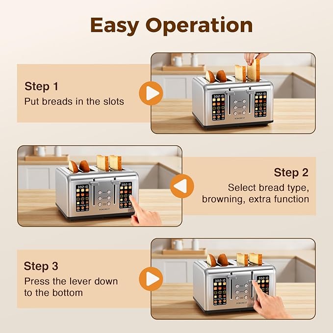 4 Slice Touch Screen Toaster, Stainless Steel Toaster with Wide Slots for Bagels and Bread, Reheat/Defrost/Cancel Functions, Removable Crumb Tray, Silver