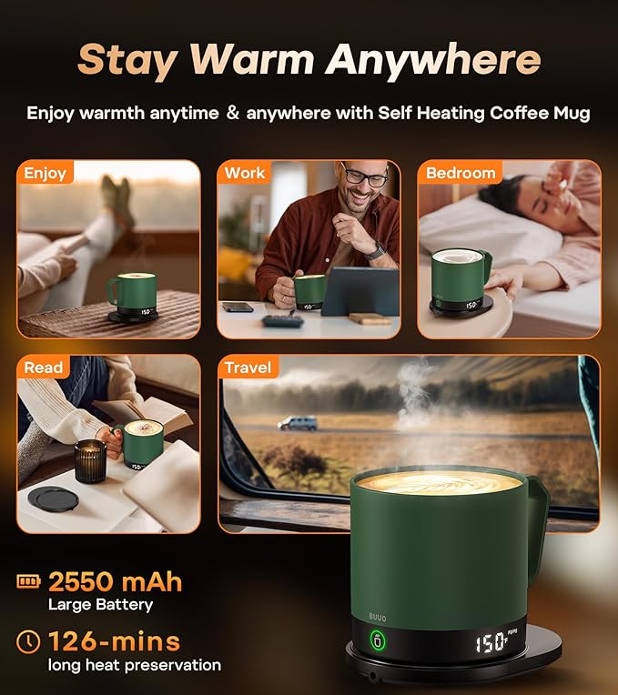 Heated Coffee Mug Rechargeable - Temperature Control Self Heating Coffee Mug 14oz with Lid, Double Sided & Real-Time LED Display, Hot up to 150℉, Birthday Gifts for Women and Men(Green)