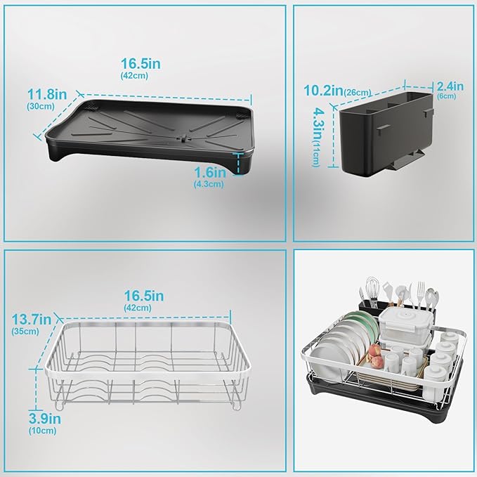 Dish Drying Rack 304 Stainless Steel Dish Rack with Drainboard,Space Spaving Auto-Draining Drying Racks for Kitchen Counter,Large Capacity Dish Racks for Bowls, Cups, Dish Drainer Black
