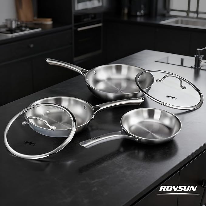 ROVSUN 8-10-12 Inch Stainless Steel Cookware Set, Tri-Ply Skillets Set with Lids, Full Clad Stainless Steel Chef's Pan, PFOA & PTFE Free Skillets, Compatible for All Cooktops, Dishwasher & Oven Safe