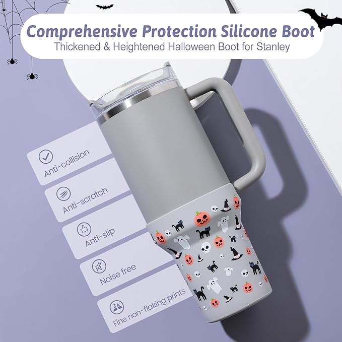 Halloween Boot for Stanley, Silicone Protector Sleeve for Stanley Quencher H2.0 FlowState Tumbler 20oz/30oz/Stanley Adventure Quencher Tumbler 24oz Cup Accessories (Gray)
