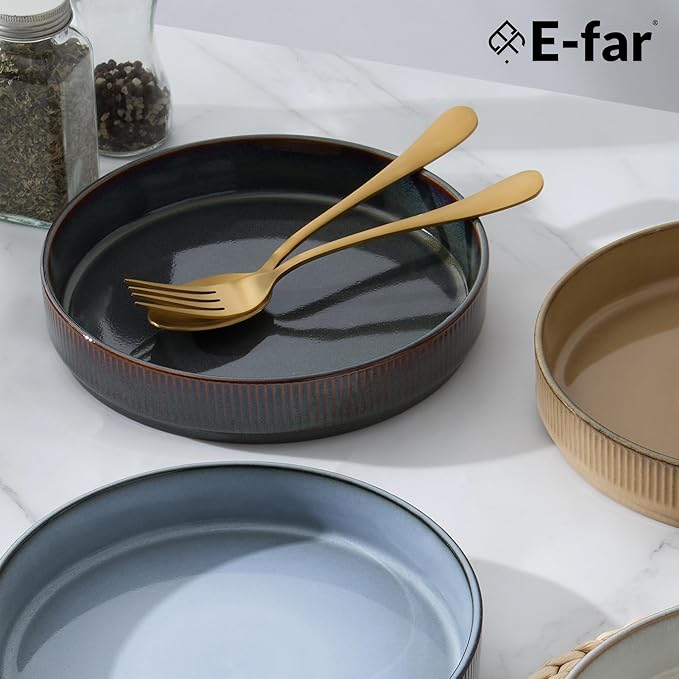 E-far Pasta Bowls Set of 4, 35oz Large Salad Bowl Plate for Dinner Serving Soup, Wide & Shallow Ceramic Stoneware Pasta Plates, Microwave & Dishwasher Safe, Reactive Glaze Textured Stripes, Multicolor