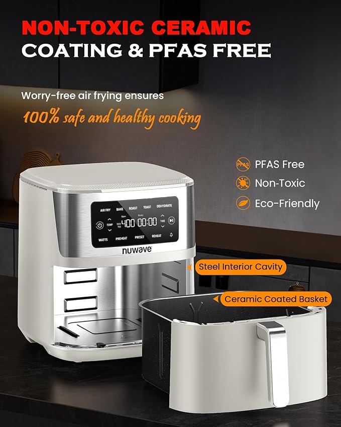Nuwave Brio Plus 6-in-1 Air Fryer, 7-Qt Large Capacity, 50°F–400°F Precise Temp Control, Non-Toxic PFAS-Free Nonstick, Air Fry, Bake, Roast, Toast, Dehydrate, Reheat, 100 Presets, Dishwasher Safe