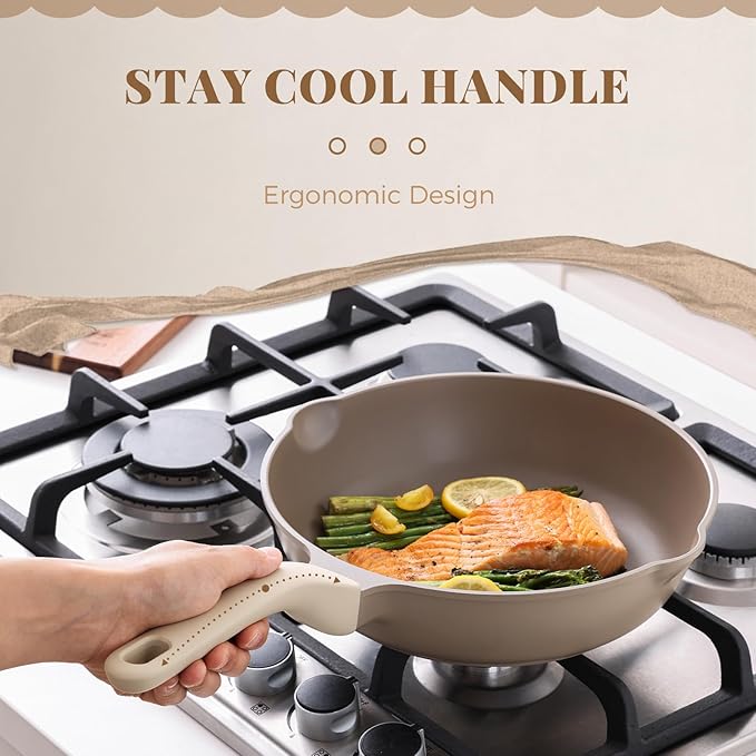 Nonstick Deep Frying Pan with Glass Lid, 12 Inch (4.8 qt), 5X Durable Nonstick Sauté Pan, Scratch & Stain Resistant, PFOA Free, Induction Compatible, Dishwasher & Oven Safe, Natural Linen