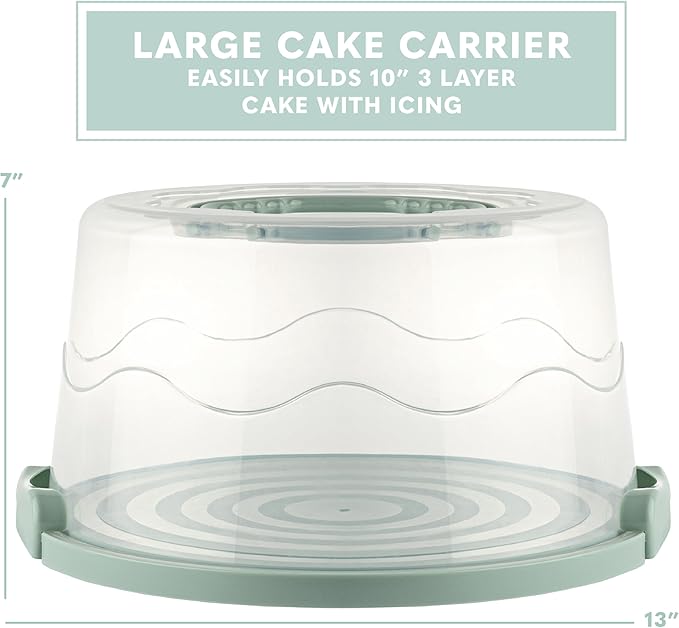 MosJos EXTRA LARGE Cake Carrier, Cake Stand with Lid and Foldable Handles - Multifunctional Serving Platter and Cake Plate - Cake Container with Dome and Strong Snaps 13 x 13 x 7 inch (Green)
