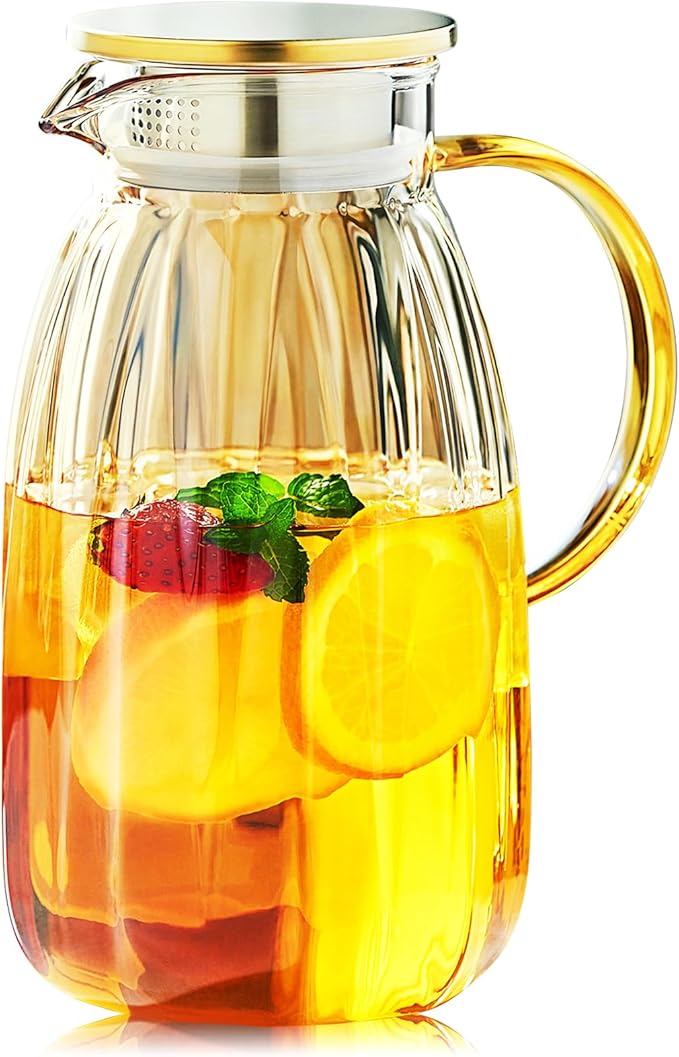 68OZ Glass Pitcher with Lid and Spout, Water Jug, 2000ml Carafe for Hot/Cold Water, Large Iced Tea Pitcher for Coffee, Juice and Homemade Beverage