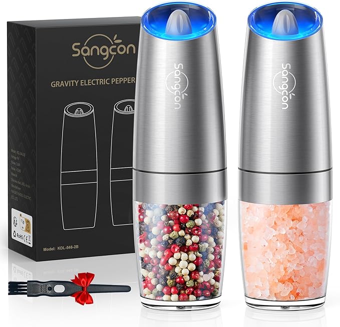 Sangcon Gravity Electric Pepper and Salt Grinder Mill Set Automatic Shakers Grinder with LED Light, Battery Powered Adjustable Coarseness One Hand Operation, Random X or XL Capacity