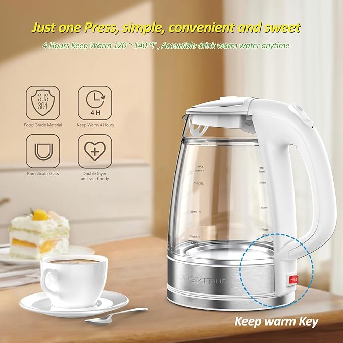 Glass & Stainless Steel Cordless Electric kettle for boiling water, Hot water boiler Electric Tea Kettle automatic shut off Boil-Dry Protection, PC Outer + Glass Inner, 1500W, 1.7L, WH