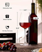 JBHO Hand Blown Italian Style Crystal Bordeaux Wine Glasses - Great Gift Packaging - Red Wine Glasses Lead-Free Premium Crystal Clear Glass - Set of 2-18 Ounce