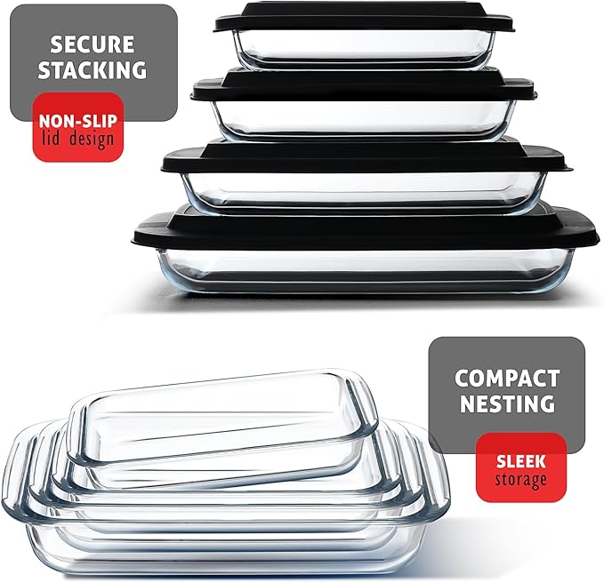 EATEX 16-Piece Deep Glass Casserole Dishes for Oven with Plastic Lids, Glass Baking Dishes for Oven, Rectangular Bakeware for Lasagna, Cooking, Leftovers, Kitchen, Freezer to Oven Dishwasher Safe