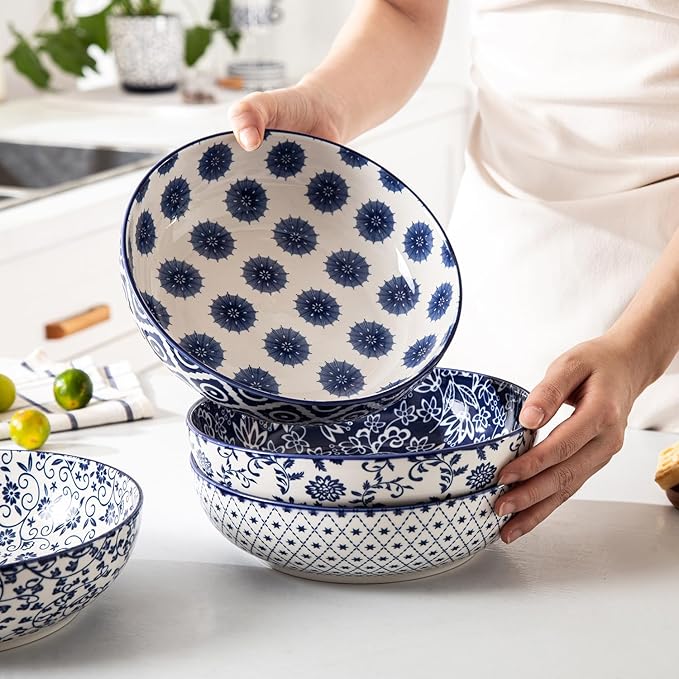 Ceramic Large Pasta Bowls - 45 OZ Salad Bowls 8 inch Wide Serving Bowls for Soup Dessert Noodle Dinner Fruit Bowls - Microwave Dishwasher Safe - Set of 4 - Vintage Blue