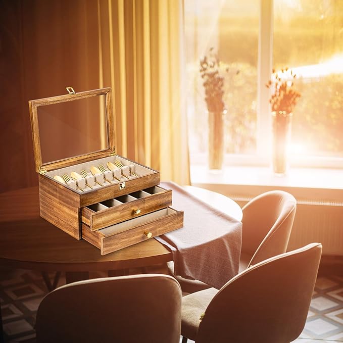 Silverware Box, 3-Layer Wooden Silverware Storage Box with Glass Lid, 14.5×10.6 Inches Vintage Style Decor Flatware Storage Case for Fine Flatware & Utensils, Gift Idea (Torched Wood)