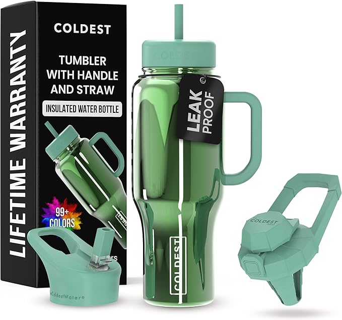 Coldest Tumbler with Handle and Straw - 100% Spill Proof Tumbler with Straw (3 Lids) - Stainless Steel Insulated Leakproof Tumblers for Women & Men - 36 oz (Avocado Reflections)