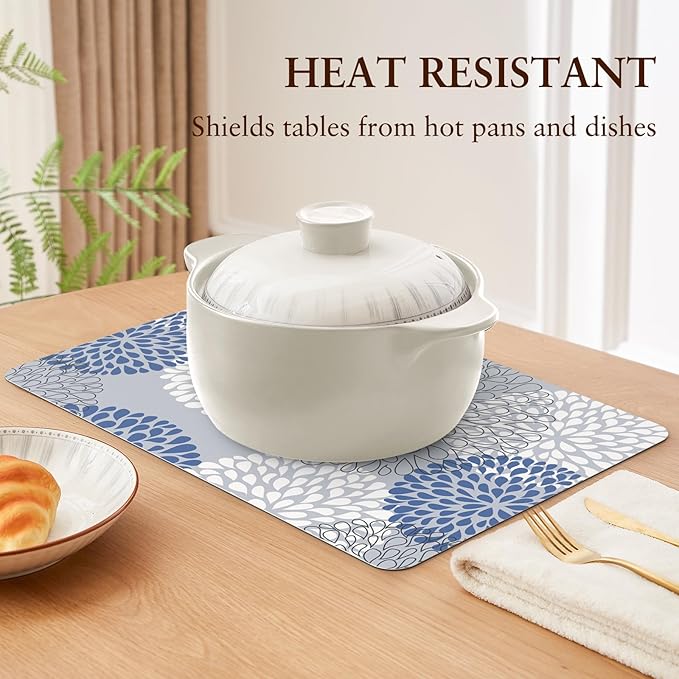 QIYI Placemats Set of 6, 12x18 Inch PU Leather Place Mats for Kitchen Dinning, Heat Resistant Anti Slip Flower Table Mats, Waterproof Wipeable Washable Placemat Party Table Décor, Blue Floral Burst