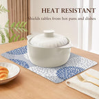 QIYI Placemats Set of 6, 12x18 Inch PU Leather Place Mats for Kitchen Dinning, Heat Resistant Anti Slip Flower Table Mats, Waterproof Wipeable Washable Placemat Party Table Décor, Blue Floral Burst