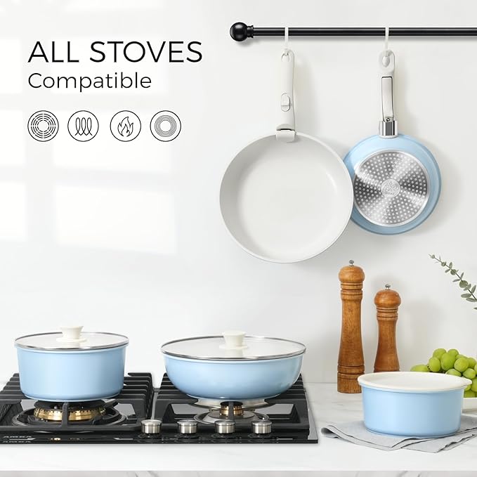 15Pcs Pots and Pans Set Non Stick, Cookware Sets with Detachable Handle, Nonstick RV Kitchen Cooking Tools Removable Handles, Oven Safe, Induction Fast, Stackable Induction Cookware, Blue