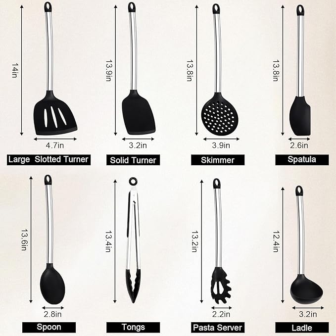 Silicone Cooking Utensils Set, Vayvnt 8 PCS Kitchen Utensils Set with Stainless Steel Handle, Heat Resistant Kitchen Tools for Nonstick Cookware, Large Spatula Spoons Turner, Dishwasher Safe, Black