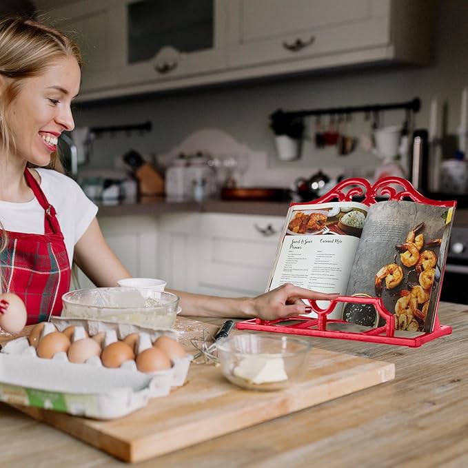 JOGREFUL Cookbook Stand, Cast Iron Heavy-Duty Recipe Book Holder, Kitchen Vintage Recipe Book Holder, Reading Rest Holder for Easel/Counter/Books/Magazine/iPad/Bible, Classic Red