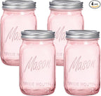 WELLIFE Pink Mason Jars 32 oz,4 Pack Wide Mouth Mason Jars for Safe Storage,Fermenting,Pickling,DIY,Crafts Decoration