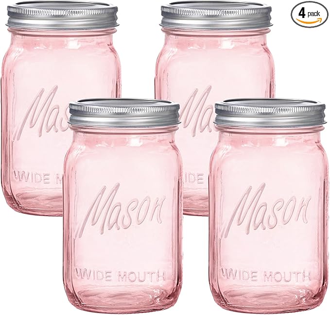 WELLIFE Pink Mason Jars 32 oz,4 Pack Wide Mouth Mason Jars for Safe Storage,Fermenting,Pickling,DIY,Crafts Decoration