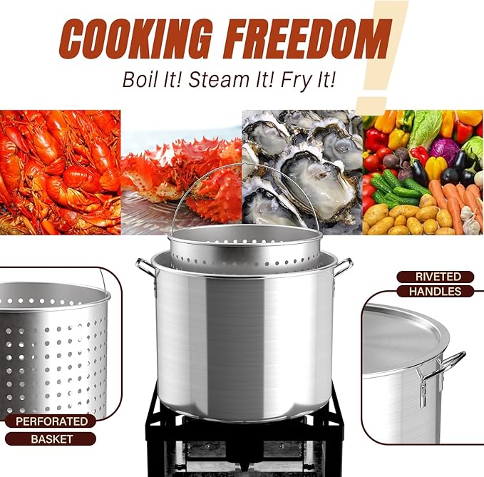 100QT Crawfish Boiler Kit, Waterproof Cover & 18-inch Skimmer, 110,000BTU Propane Burner Stove, 0-20PSIG Regulator, Aluminum Seafood Boil Pot, Crab Boil Pot with Basket