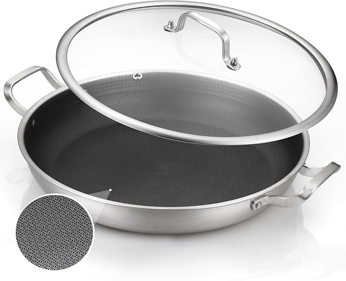 DELARLO Paella Pan 14 Inch Tri-Ply Stainless Steel Paella Pan with Lid Nonstick Frying Pan, Hybird Induction Large Skillets,Great for Paella Parties Indoors Outdoors,Heavy Duty Style