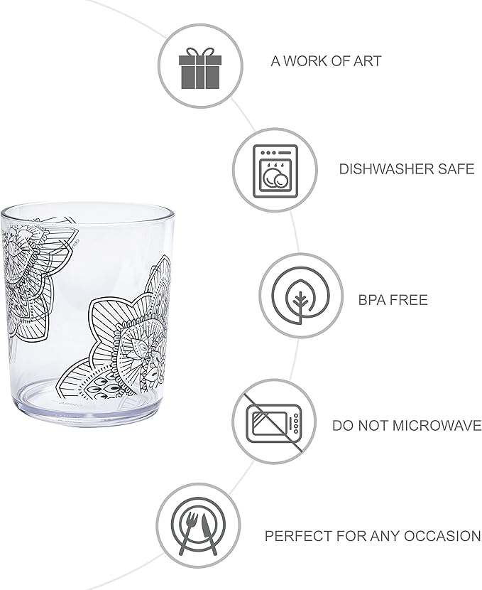 bzyoo BPA-Free Designed Dishwasher Safe 14 oz Plastic Tumbler Set which is Durable and Stackable Great For Parties, Anniversaries (6 PCS, Mandala Black)