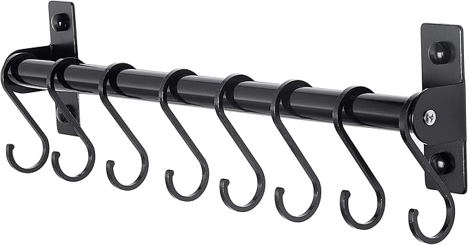 Dseap Kitchen Utensil Holder Hanger, Pot and Pan Rack Wall Mounted, Kitchen Rail with 8 Hooks for Hanging Cooking Utensils, Mugs, Spoons, Wall Mounted, Black