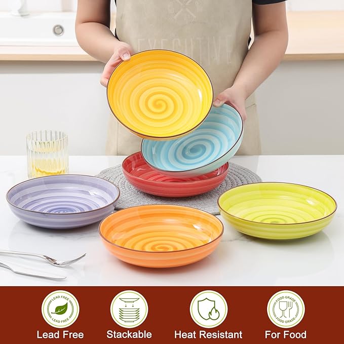 KitchenTour Pasta Bowls, Ceramic Salad Bowls Serving Bowl Set 26 oz, 8 Inch Colorful Porcelain Wide and Shallow Bowls Set - Dishwasher and Microwave Safe - Set of 6