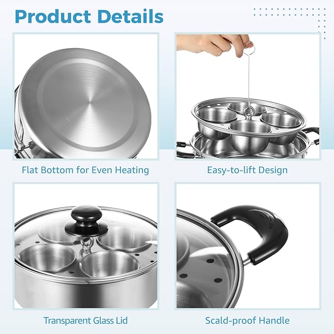 Egg Poacher Pan Nonstick 4 Eggs, Poached Egg Cooker, Poached Egg Pan, Stainless Steel Egg Poacher, Includes Stainless Steel Pot, 4 Cups, Silicone Brush & Spatula, Suitable for Multiple Stove Types