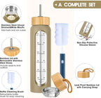 32 oz Glass Water Bottle with Straw - Motivational Time Marker & Silicone Sleeve - Reusable Tumbler Includes 2 Bamboo Lids & Fruit Infuser - 1 Pack