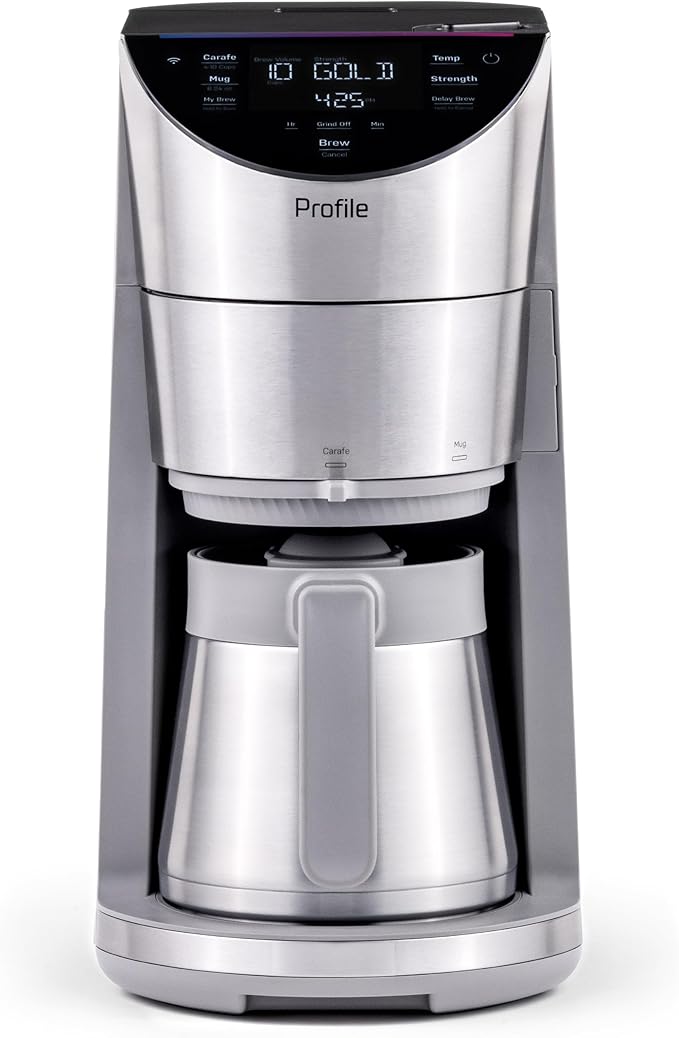 GE Profile Smart Grind & Brew Coffee Maker w/Podless Single Serve, 90oz Water Reservoir, 10 Cup Thermal Carafe, Voice Control, Adjustable Burr Grinder, SCA Certified, Barista-Quality, Stainless Steel