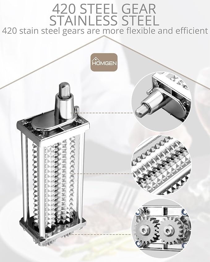HOMGEN Meat Tenderizer for KitchenAid-Stainless Steel Meat Tenderizer Attachment with Durable Gears-Universal Fit All KitchenAid Models -Professional Meat Pounder for Beef/Pork/Includes Sturdy Cover