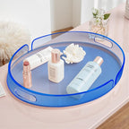 Acrylic Serving Tray with Handles Large Decorative Ottoman Tray 17x13'' Round for Bathroom Food Coffee Fruit Snack Tea Dinner Living Room, Blue