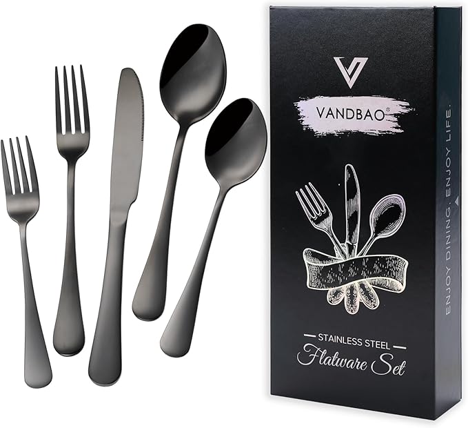 VANDBAO Black Flatware Cutlery Silverware Set 20 Pieces, Stainless Steel Colorful Utensils, Tableware Set Service for 4, Include Knife/Fork/Spoon, Reusable, Mirror Polished, Dishwasher Safe