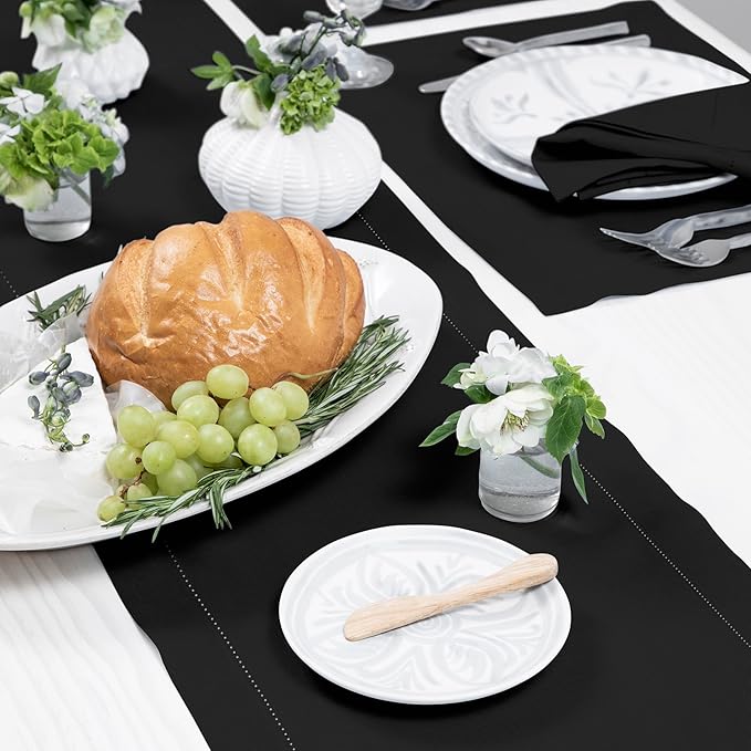 Solino Home Linen Black Table Runner 60 Inches - Classic Hemstitch, 100% Pure Linen Coffee Table Runner 14 x 60 Inch Ideal for Dresser Tables - Summer, Fall, Autumn, Halloween