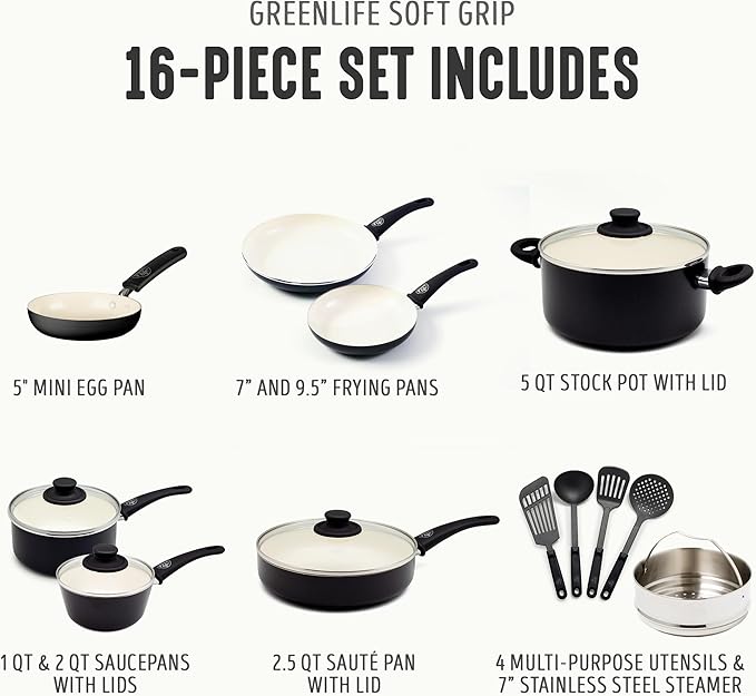 GreenLife 16 Piece Nonstick Cookware Set, Soft Grip Non-Toxic PFAS-Free Ceramic Pots & Pans, Dishwasher & Oven Safe, Frying, Sauce, Utensils, Glass Lids, Stay-Cool Handles, Wobble Free, Black & Cream