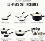 GreenLife 16 Piece Nonstick Cookware Set, Soft Grip Non-Toxic PFAS-Free Ceramic Pots & Pans, Dishwasher & Oven Safe, Frying, Sauce, Utensils, Glass Lids, Stay-Cool Handles, Wobble Free, Black & Cream