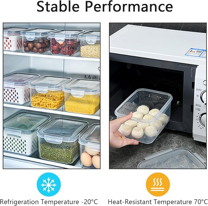 3 PCS Fruit Storage Containers for Fridge with Removable Colander, Leak proof Food Storage Containers, Airtight Food Storage Containers, Food Storage Container with Lids, Keep Food Meat Fresh