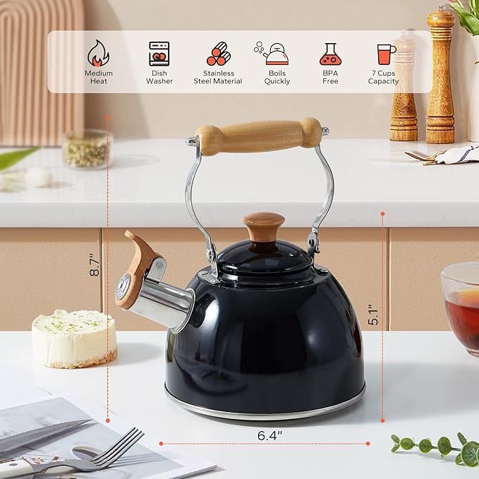 ROCKURWOK Tea Kettle, Tea Pot with Cool Touch Ergonomic Handle, Teapot Food Grade Stainless Steel, Tea Kettle Stovetop, Kettle Teapot, Whistling Tea Kettle, Small Tea Pot, 1.6 Quart (Black)
