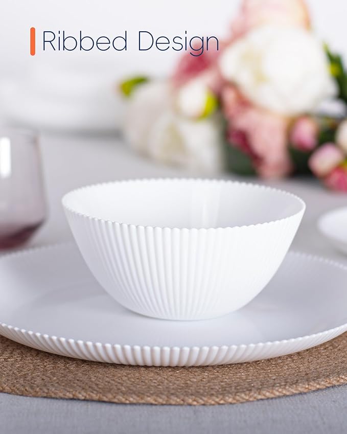 20 OZ Max White Opal Glass Cereal Bowl Set of 6, 6 inch Dishwasher & Microwave Safe Round Ribbed Bowls for Kitchen, Salad, Soup and Rice