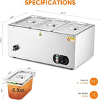 WILPREP Commercial Food Warmer with Three 1/3 Pans, 1500W Countertop Electric Warmer, 86-185°F Adjustable Temp Control & Over-Temp Protection, Stainless Steel Buffet Bain Marie