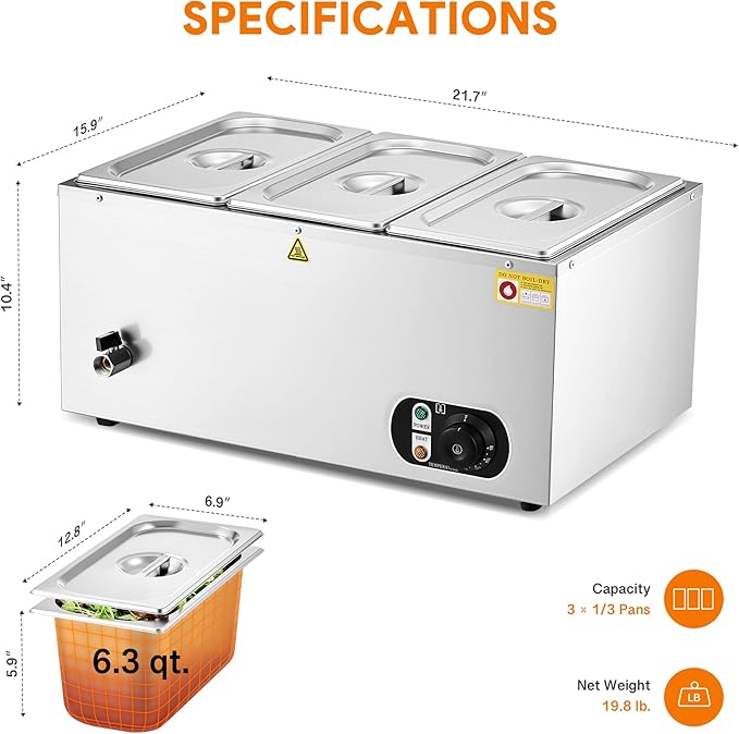 WILPREP Commercial Food Warmer with Three 1/3 Pans, 1500W Countertop Electric Warmer, 86-185°F Adjustable Temp Control & Over-Temp Protection, Stainless Steel Buffet Bain Marie