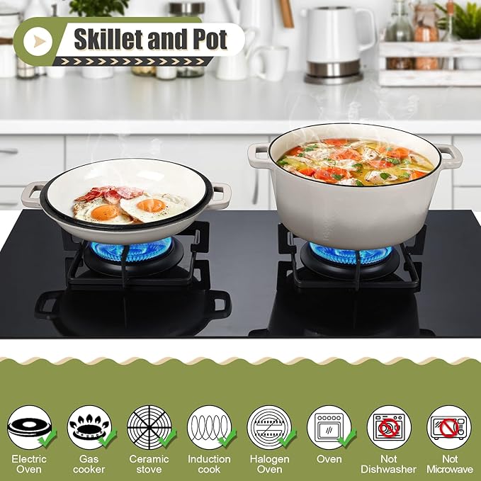P&P CHEF 5Qt Dutch Oven Pot for Bread Baking (Khaki), 2 In 1 Round Cast Iron Dutch Oven with Lid Set, Skillet & Pot for Roasting Braising Stewing Frying Simmering, Multi Stoves & Oven Safe