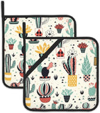 Cute Cactus Pot Holders Set of 2, Kitchen Heat Resistant Flowers and Geometric Elements Potholder for Microwave Cooking Baking Oven End Dishes and BBQ