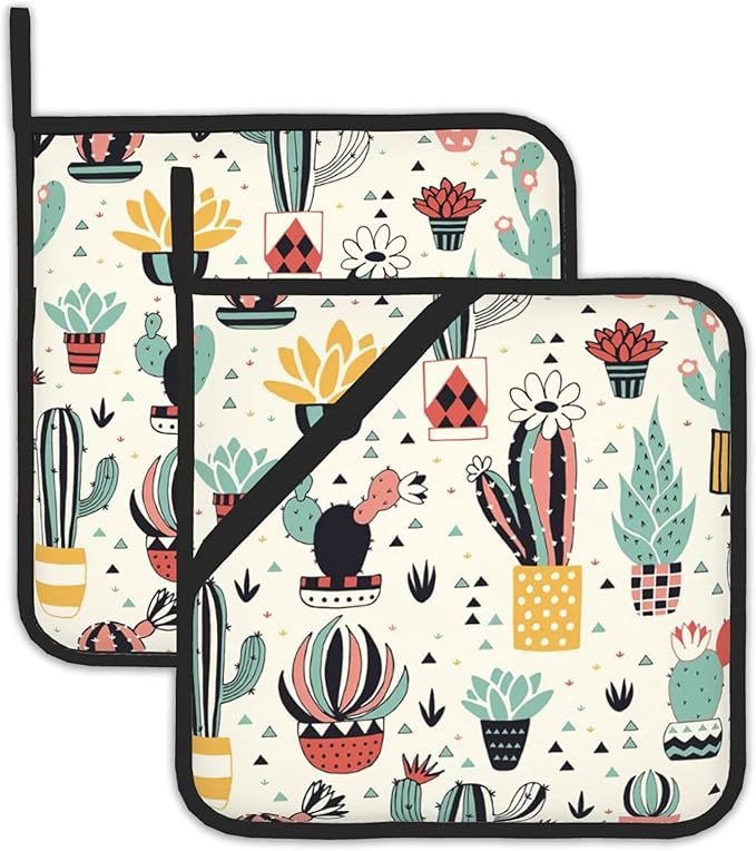 Cute Cactus Pot Holders Set of 2, Kitchen Heat Resistant Flowers and Geometric Elements Potholder for Microwave Cooking Baking Oven End Dishes and BBQ
