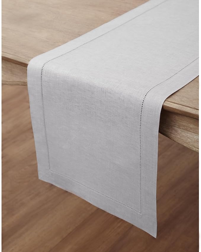 Solino Home Linen Soft Grey Table Runner 36 Inches - Classic Hemstitch, 100% Pure Linen Coffee Table Runner 14 x 36 Inch Ideal for Dresser Tables - Summer, Fall, Autumn, Halloween