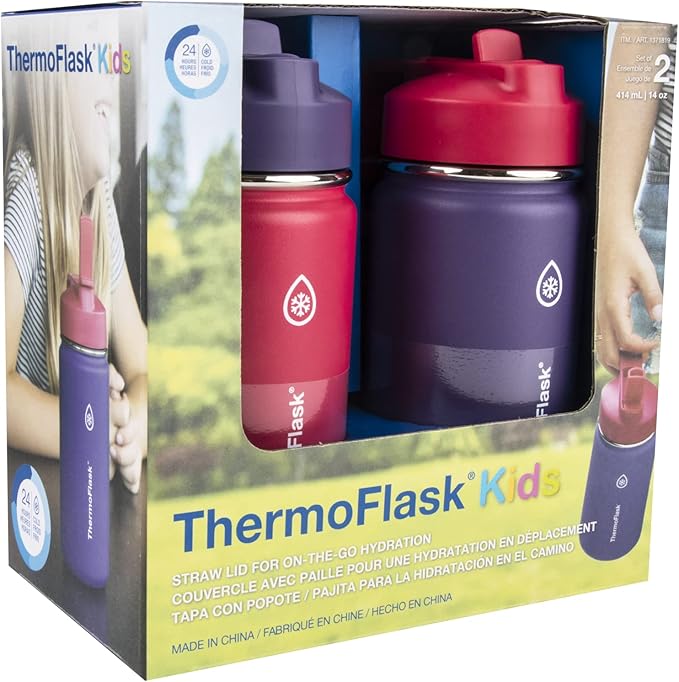 ThermoFlask Kids Bottle with Straw Lid - Durable & Dishwasher-Safe Water Bottles & Lids - Leak-Proof Bottle Lid Design - Reusable Water Bottles for Everyday Use - 14 oz, Punch/Eggplant (2 Pack)