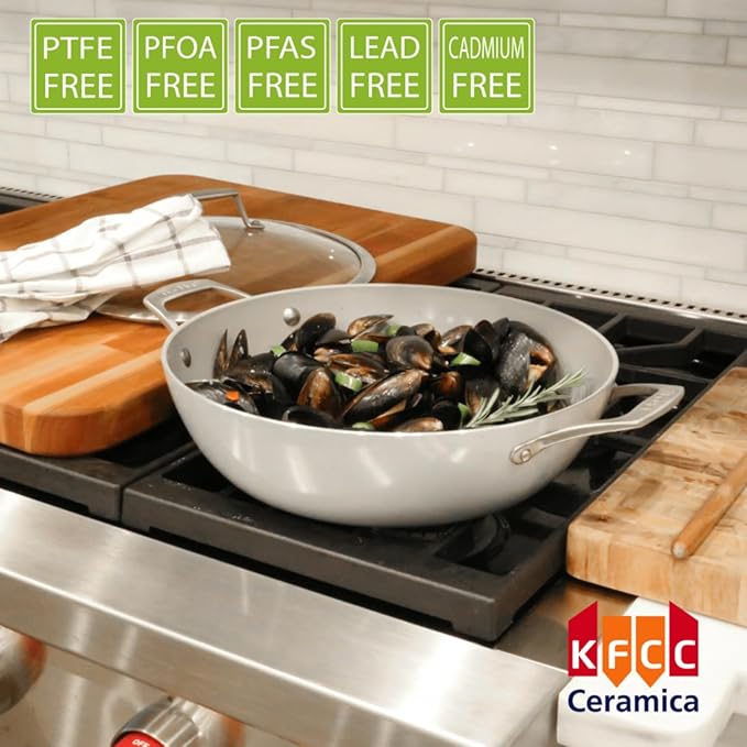 TECHEF - CeraTerra, 5 Qt / 12-in Ceramic Nonstick All Purpose Chef Pan with Cover, (PTFE and PFOA Free Ceramic Exterior & Interior), Oven & Dishwasher Safe, Made in Korea, Grey/Silver (5 Qt Chef Pan)